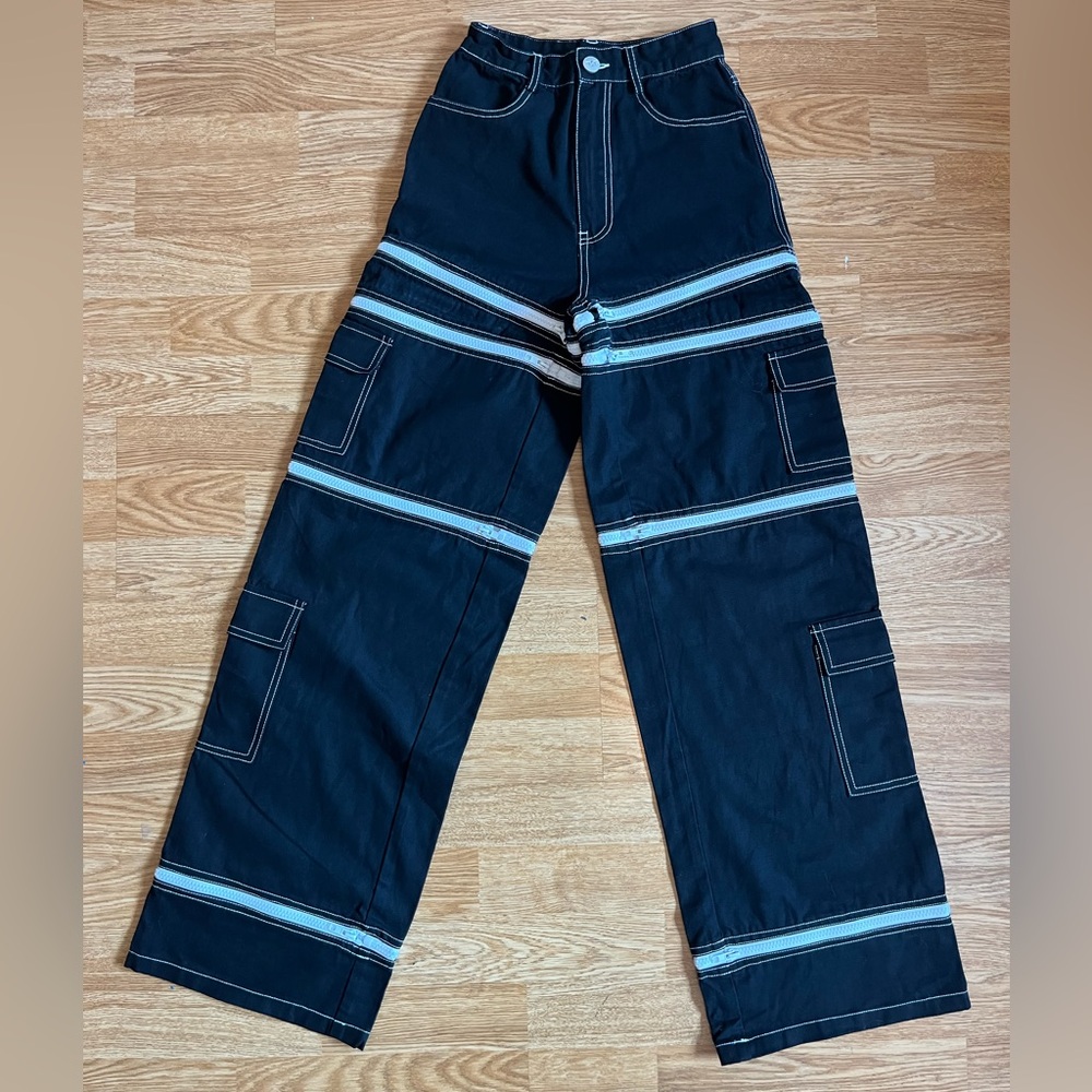 Tunnel Vision Black White Contrast Zipper Zip Off Wide Leg Cargo Pants XS